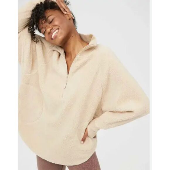 aerie Sweaters - Aerie Offline Oversized Sherpa Quarter Zip in Soft Oat | Womens Size Small